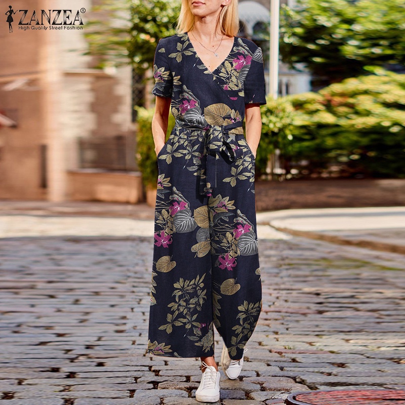 Áo liền quần ZANZEA bằng cotton ngắn tay cổ chữ v có túi thời trang cho nữ