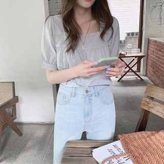 Áo sơ mi nữ cổ vuông tay ngắn họa tiết caro phong cách thời trang Hàn Quốc 34076