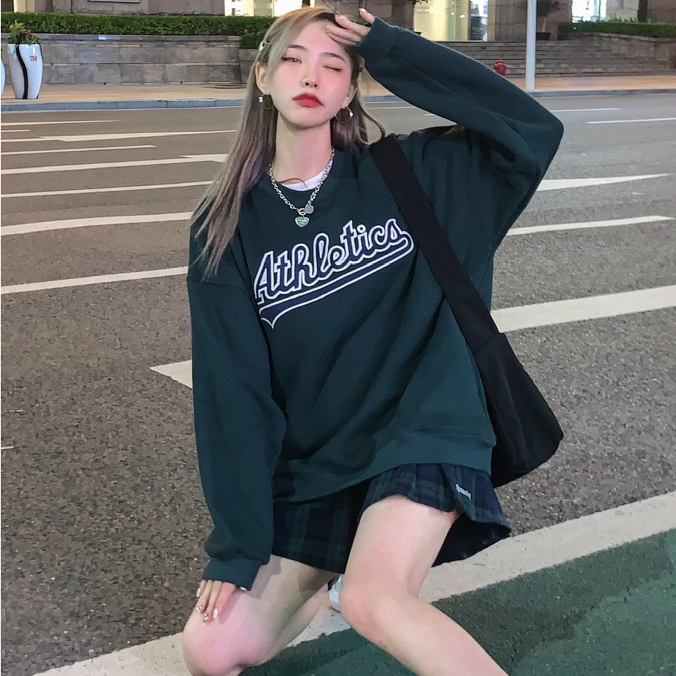 SUXI Áo nỉ nữ dài tay cổ tròn thời trang Hàn