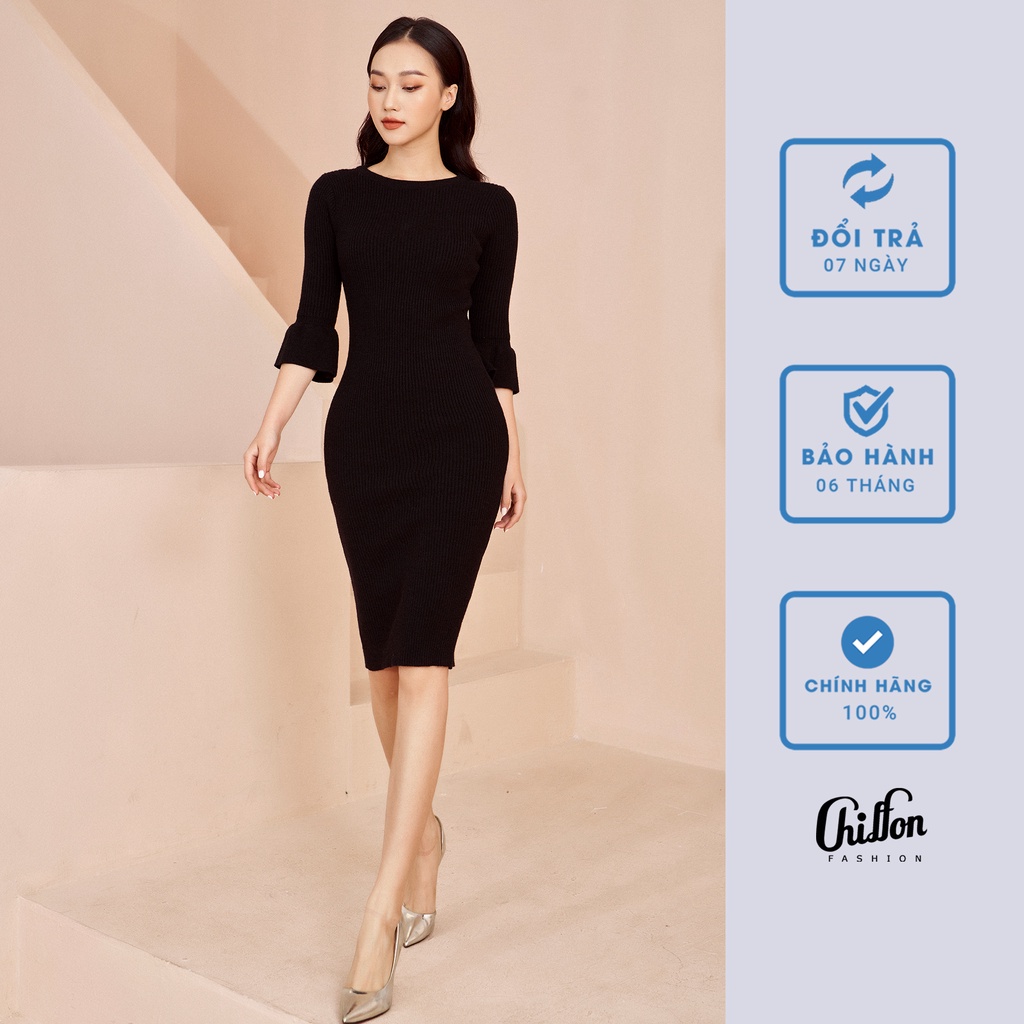 Váy len dáng dài tay xòe thiết kế Chiffon, đầm len đẹp | BigBuy360 - bigbuy360.vn