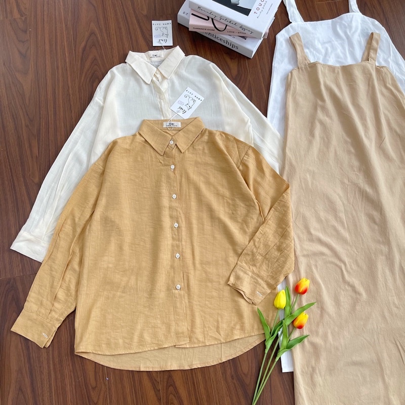 Set Đầm Midi Đũi Kèm Áo Sơ Mi 2Màu