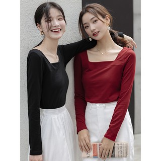 (ORDER) Áo thun nữ dài tay cổ vuông style công sở nhẹ nhàng đơn giản Hàn Quốc sang trọng