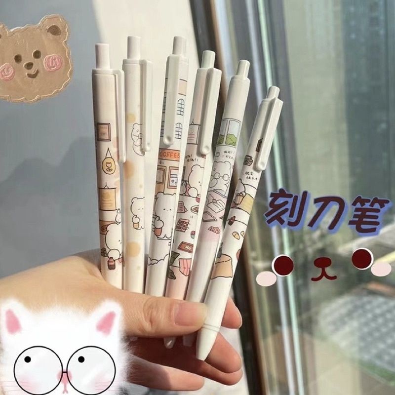 Bút bi mực đen ngòi 0.5mm hoạ tiết dễ thương set 6 cây,có tách lẻ