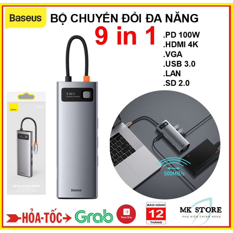 Bộ Hubs Chuyển đổi 9 in 1 đa năng Baseus HDMI 4K ,VGA ,LAN ,USB 3.0 , PD 100W,SD 2.0 Cho Laptop , Macbook , Samsung