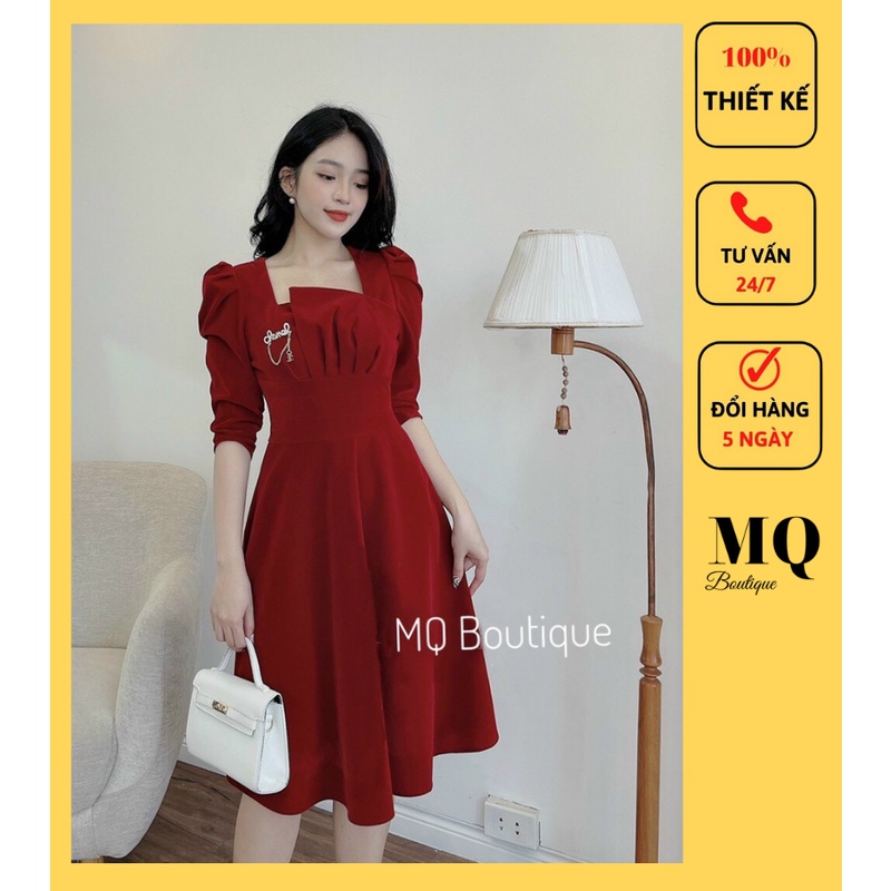 Váy nhung thiết kế, công sở nữ dự tiệc dáng xòe tay bồng, đáp ngực thiết kế MQ Boutique cao cấp