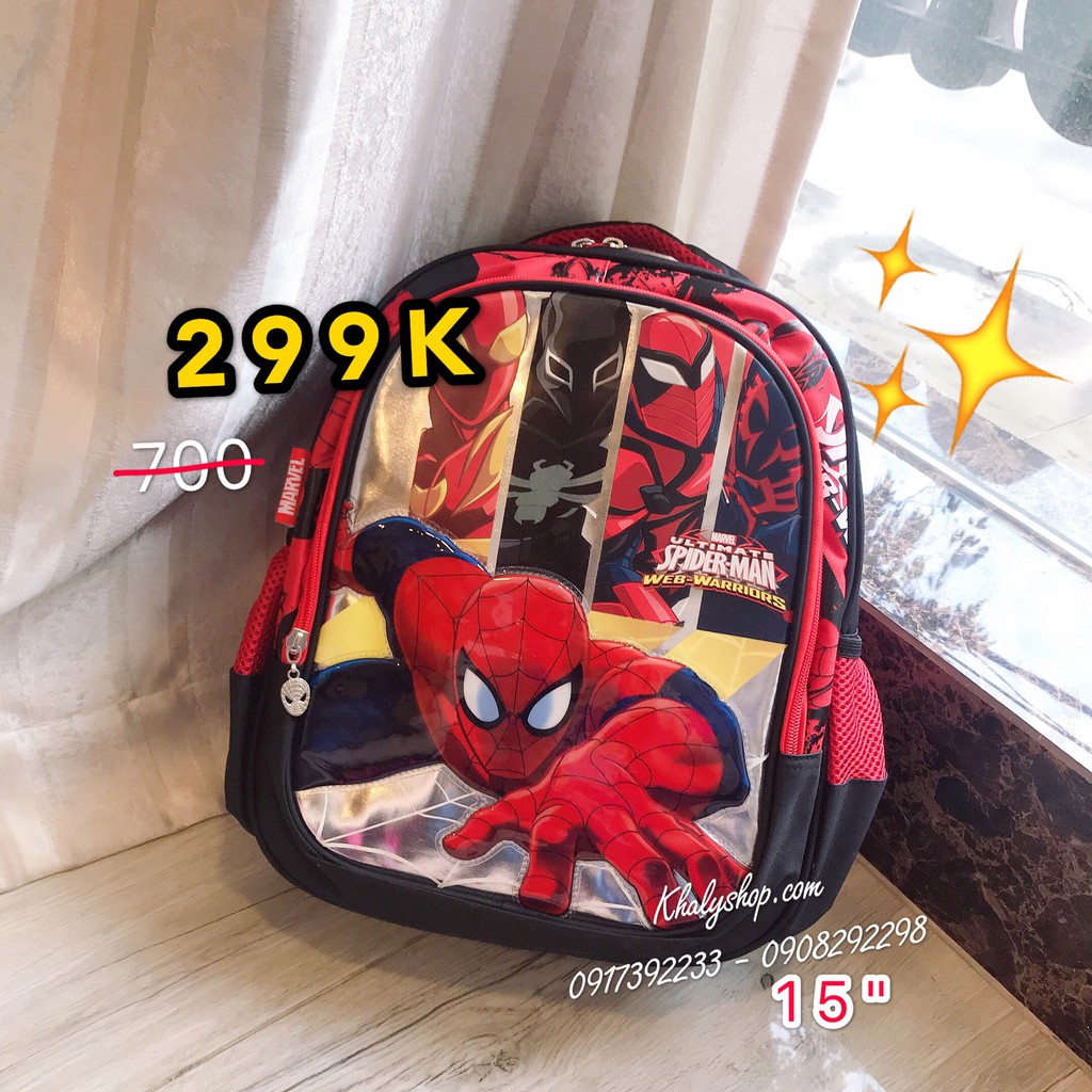 Balo trẻ em 15'' hình người nhện Spiderman 3 sọc màu đỏ đen dành cho học sinh , bé trai - BLSP3S15 (33x15x38cm)