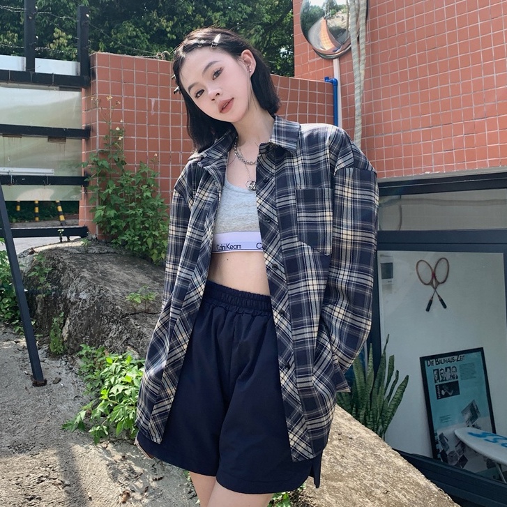 SUXI Áo Sơ Mi Caro Tay Dài Dáng Rộng Trẻ Trung Phong Cách Vintage Hàn Quốc