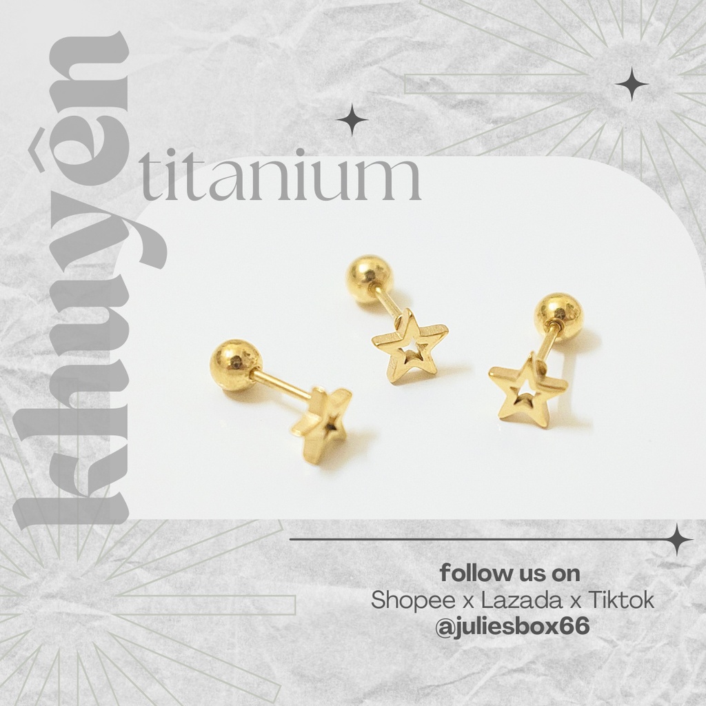 [1 Chiếc] Khuyên Tai Titan Unisex Ngôi Sao Rỗng Màu Vàng Đuôi Bi Không Gỉ Sét Không Ngứa Bông Tai Julies Box 66