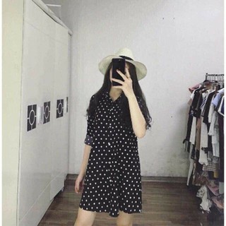 váy sơ mi dài tay chấm bi chất đũi lụa xinh xắn
