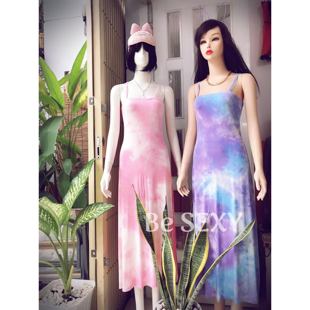 Đầm thun cotton lụa thiết kế hai dây, fom maxi