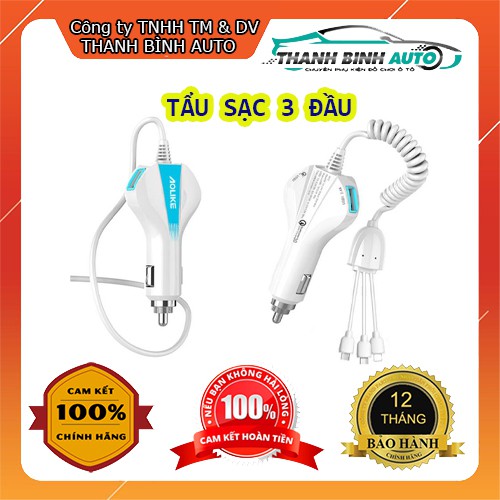 Tẩu Sạc 3 Đầu AOLEAKY Có 2 Cổng USB - Dây Sạc Nhanh 3 Đầu - Thanh Bình Auto