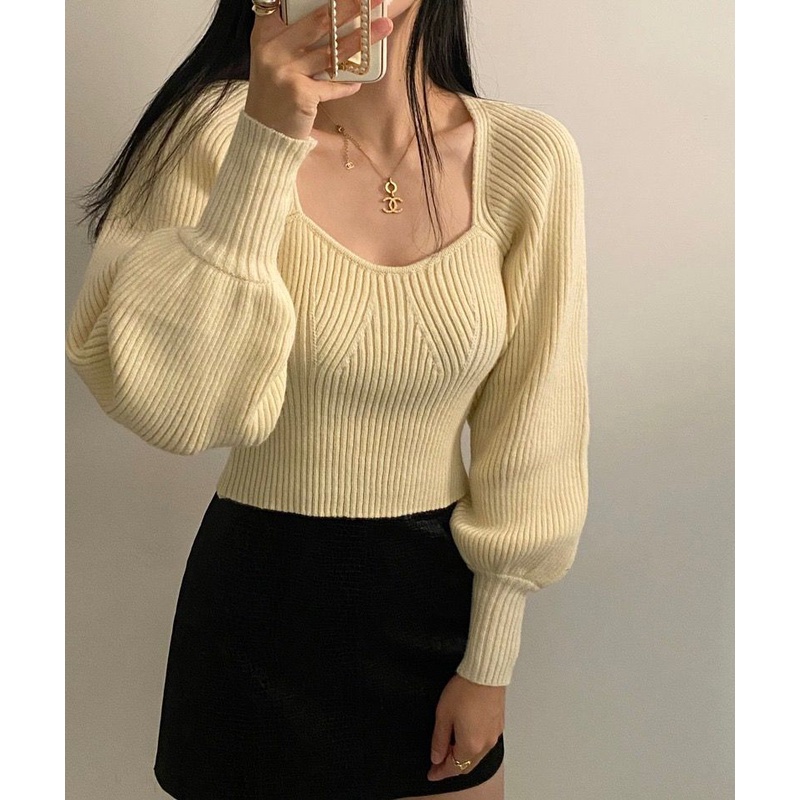 Áo Sweater Dệt Kim Tay Dài Phồng Cổ Vuông Màu Sắc Ngọt Ngào Phong Cách Hàn Quốc Cho Nữ