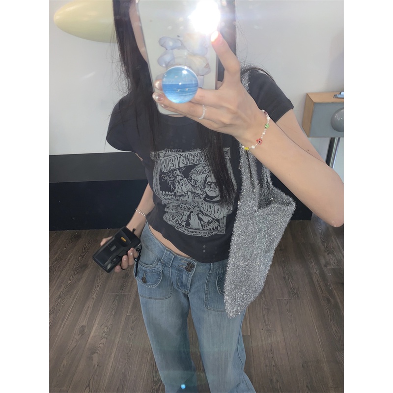 Áo Thun Tay Ngắn Dáng Ôm In Họa Tiết Cổ Điển Thời Trang Phong Cách Hàn Quốc Cho Nữ