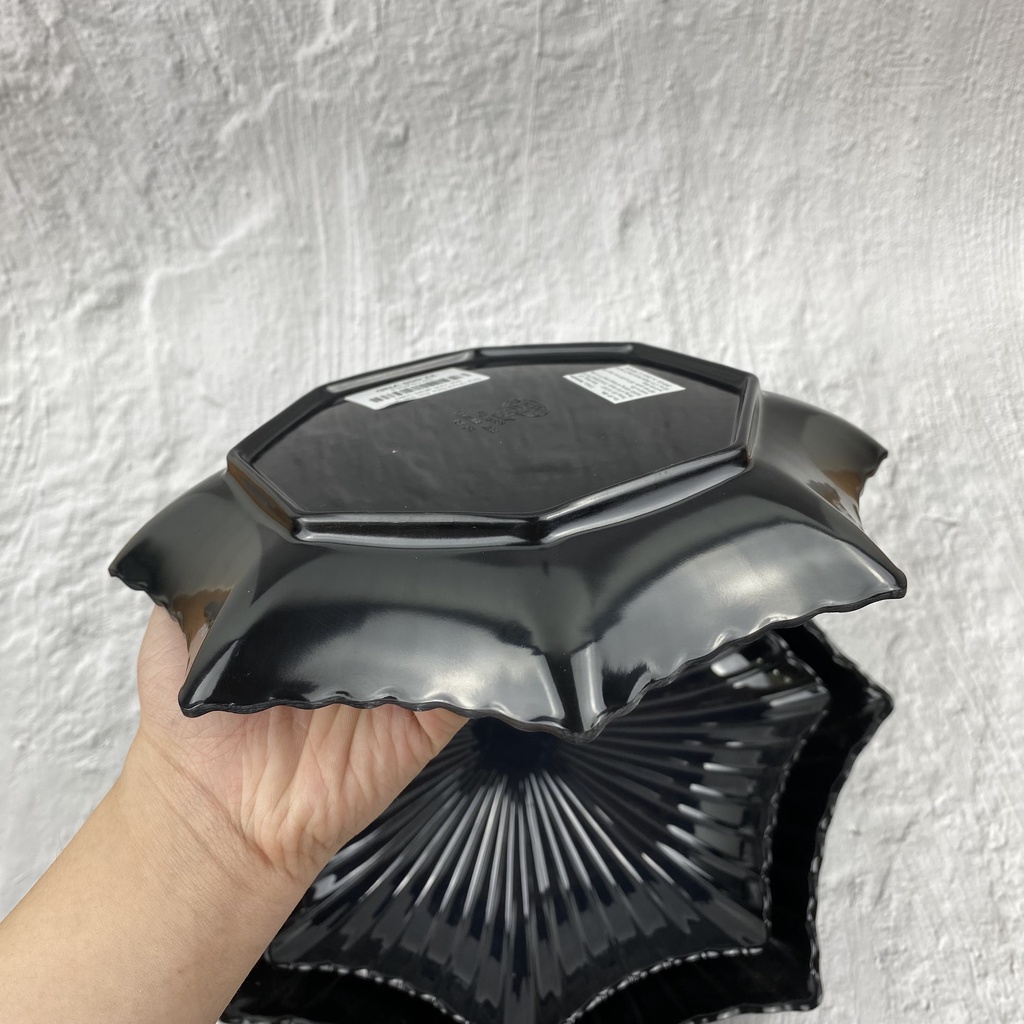 Dĩa nhựa Melamine đen bát giác sọc dành cho gia đình, nhà hàng, quán ăn (dh26,27,28)