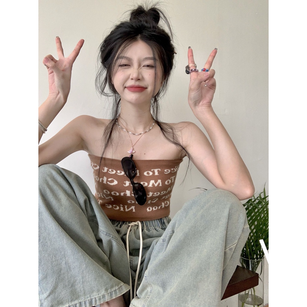 HUANG YOYO Áo croptop 2023 Áo Ống Dệt Kim Không Tay In Chữ Thời Trang Hàn Quốc Quyến Rũ Cho Nữ