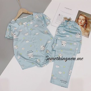 Bộ ngủ lụa cộc tay quần dài, bộ ngủ lụa pyjama cổ vuông lụa latin mát mịn