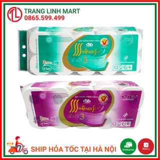 Giấy vệ sinh có lõi Hà Nội Silk 3 lớp cuộn 10 tặng kèm 1 giấy rút ngắn / không lõi cuộn 10 màu xanh