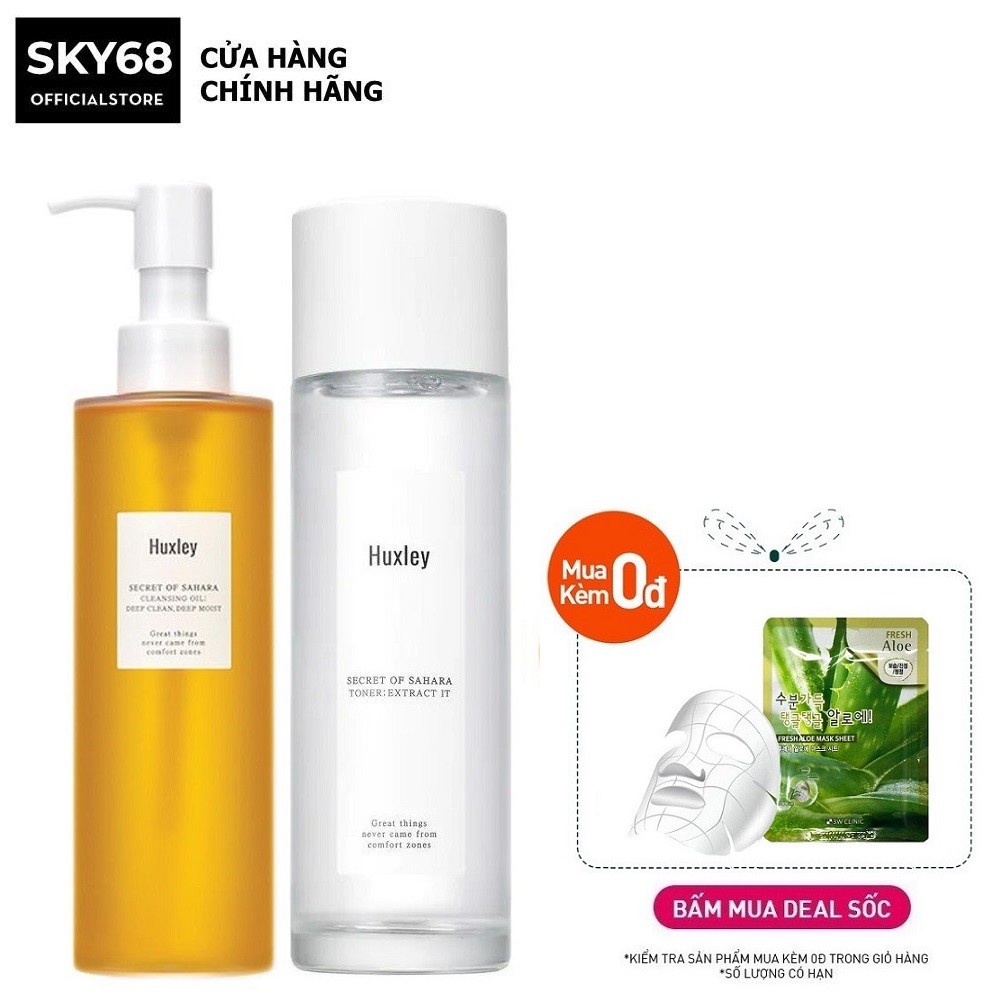 Combo Dưỡng Ẩm, Làm Sạch Cho Da Nhạy Cảm Chiết Xuất Từ Xương Rồng Huxley ( Tẩy Trang 200ml + Toner 120ml )