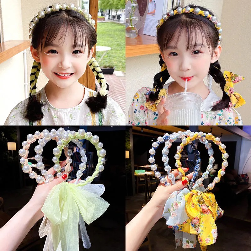 Băng Đô Hoa Vải Voan Đính Ngọc Trai Dễ Thương Cho Bé Gái