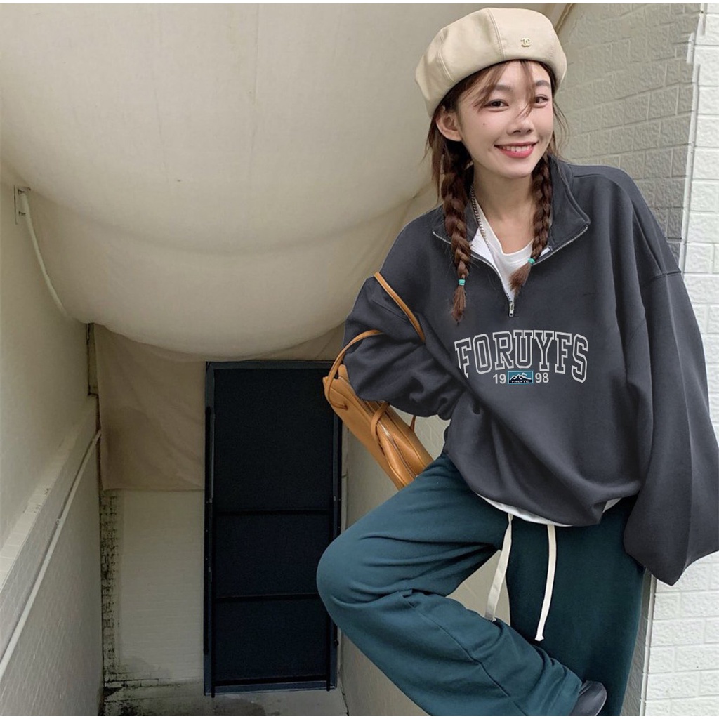 Áo Sweater nữ Mee - Nỉ Zip Foruysf cổ cao dáng rộng tay phồng, Hoodie oversize phong cách Ulzzang