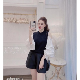 Áo thun gân hở vai tay bồng -TR