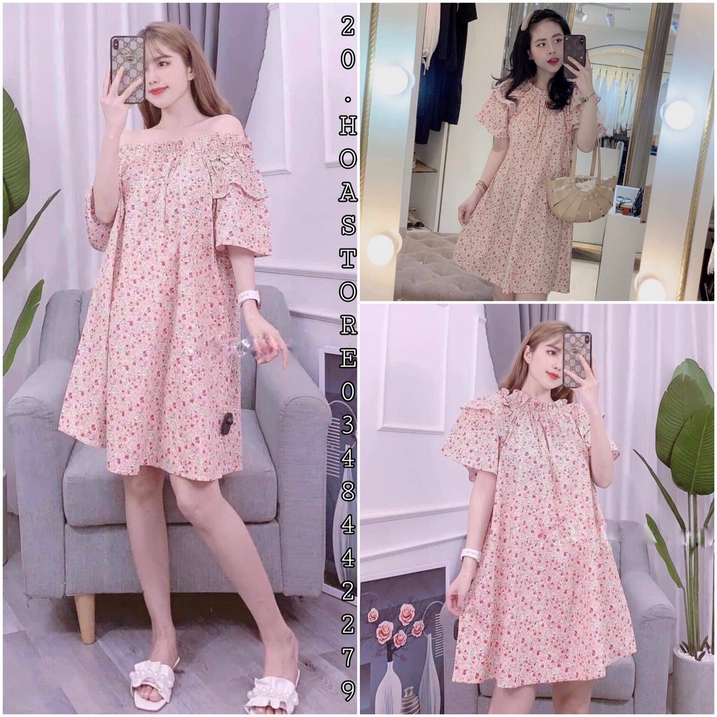 ĐẦM TRỄ VAI CÁNH TIÊN HOA NHÍ - VÁY CỔ VUÔNG HOA HỒNG VIỀN BÈO CHUN VAI TAY LOE 2 TẦNG MẶC HAI KIỂU DÁNG SUÔNG