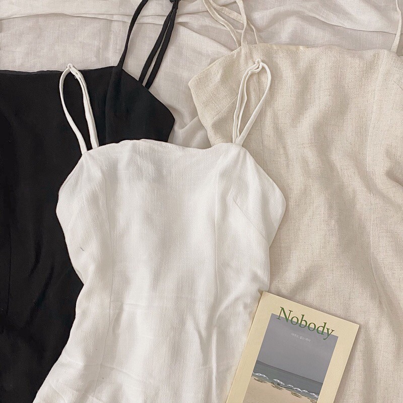 VIBED Đầm dây đũi linen chiết eo dáng midi xoè nhẹ