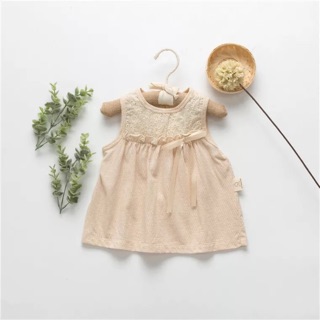 Áo vay đính ruy băng organic_cotton bé gái 0-24m