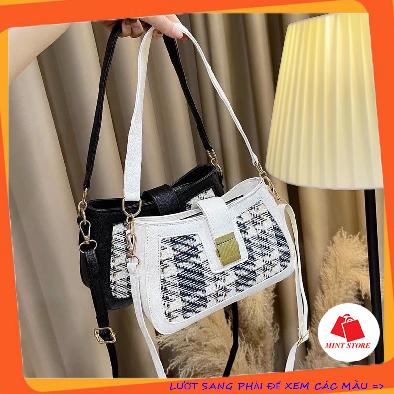 Túi kẹp nách, Túi xách nữ đeo chéo khóa vuông phối dạ thời trang PK 342