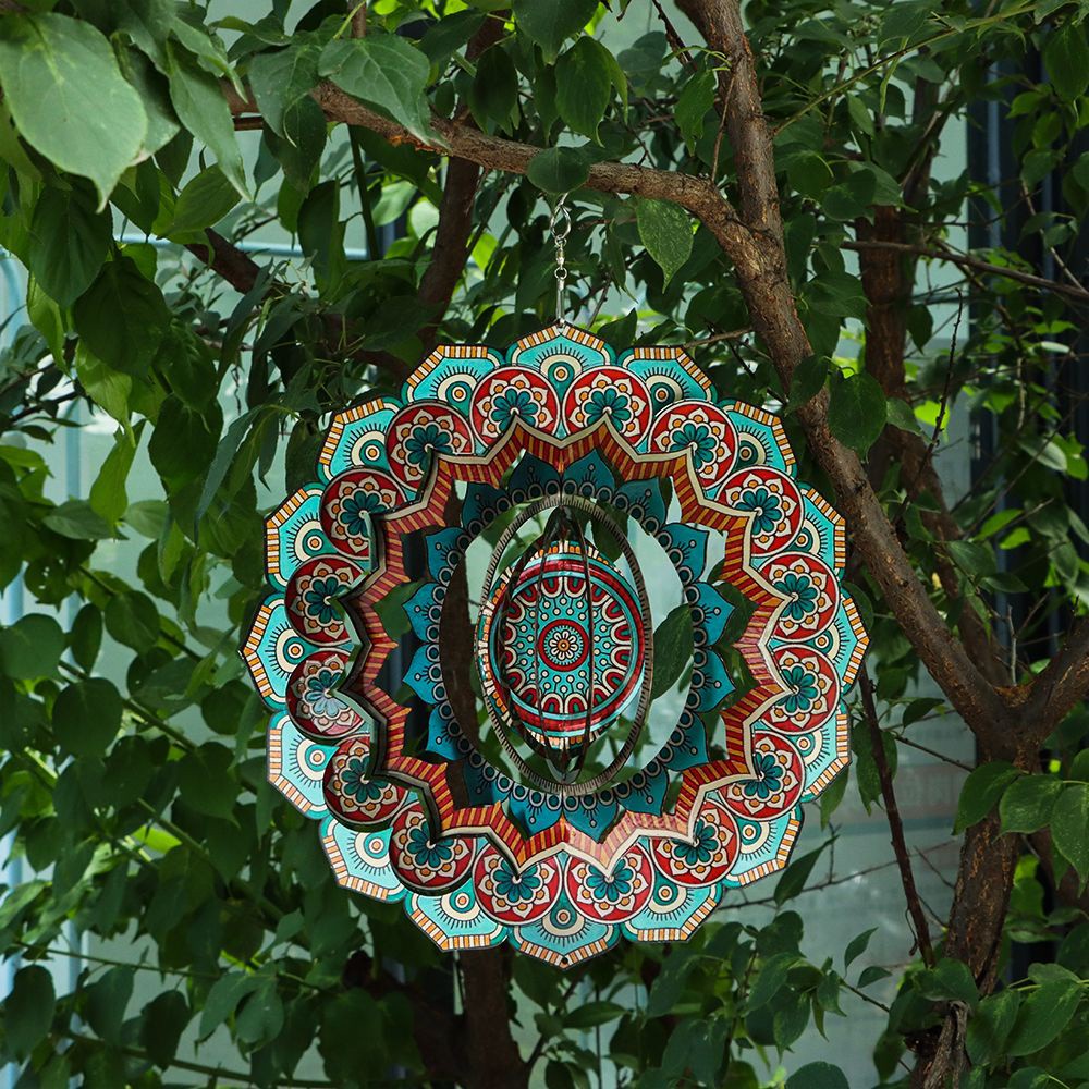 MIOSHOP Crafts Mandala Wind Spinner Yard Art 3D Stainless Steel Garden Colorful Ornaments Outdoor Hanging Decorations