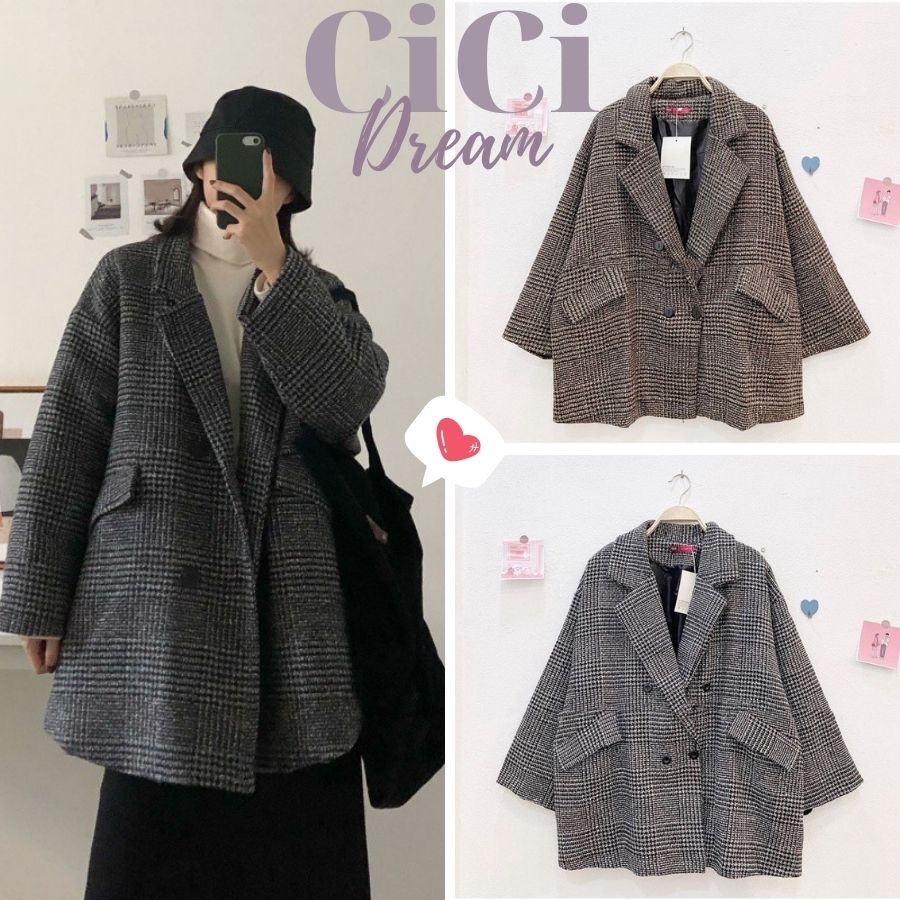 Áo khoác blazer dạ kẻ chần túi nắp, Áo khoác dạ kẻ chần hai lớp siêu dày dặn oversize dáng dài, dáng ngắn