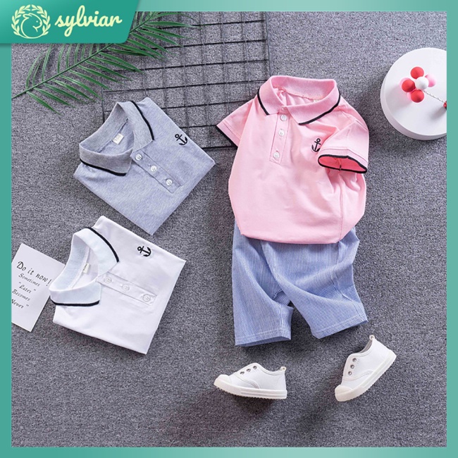 Set Đồ 2 Món Gồm Áo Thun Polo Tay Ngắn Cổ Bẻ Thêu Hình Mỏ Neo + Quần Short Cho Bé Trai