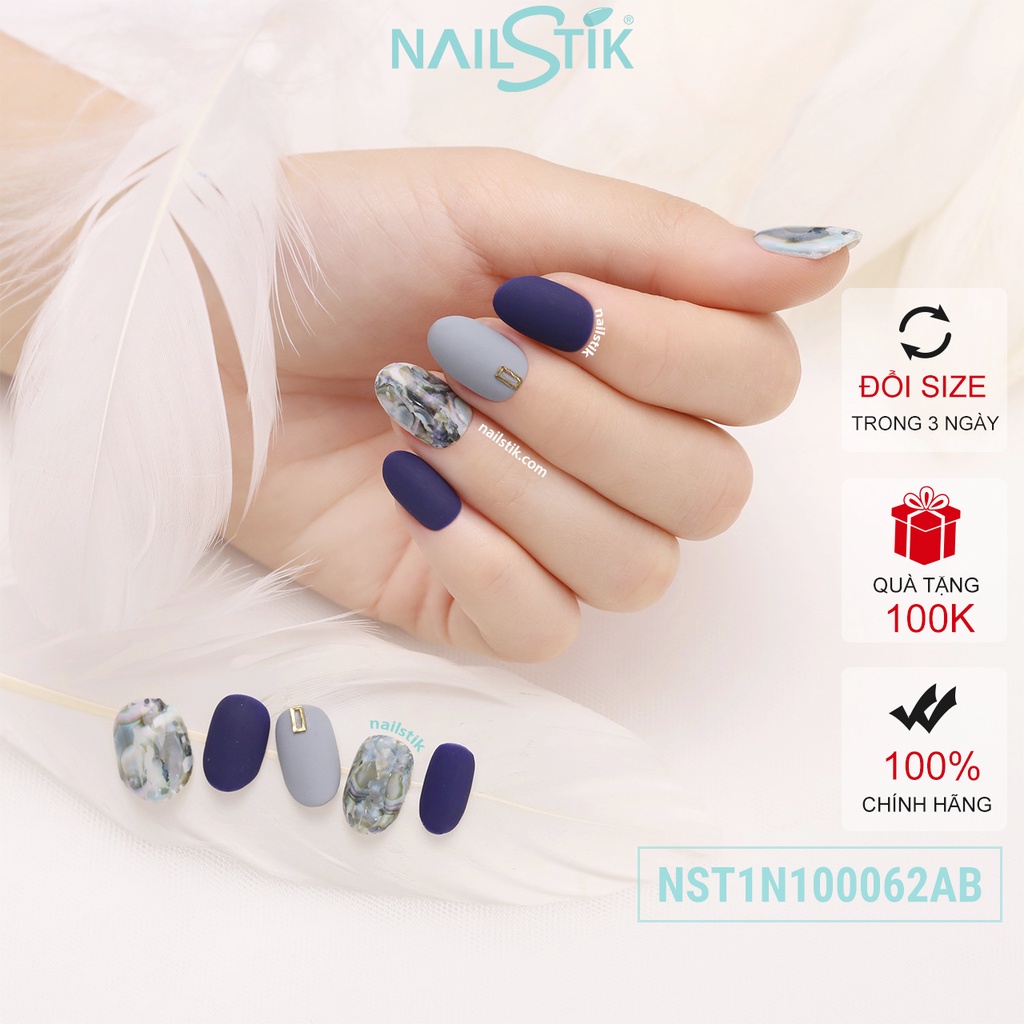 Móng úp thiết kế by NAILSTIK, màu xanh, form móng bầu, ngắn/dài, 062