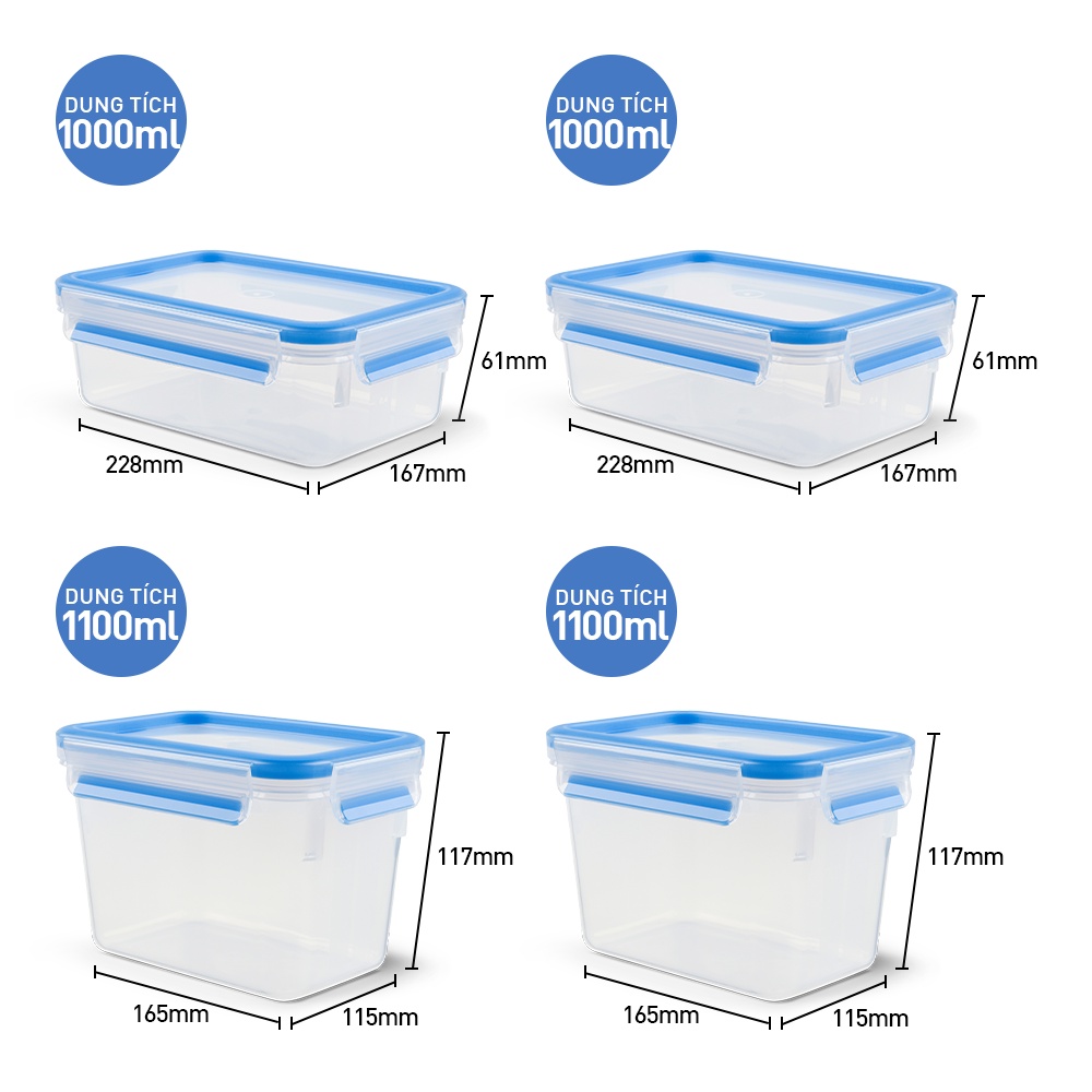[LIFEMC11BPC -8% đơn 350K] Bộ 4 hộp nhựa vuông Tefal Masterseal Fresh 1Lx 2, 1.1L x 2 - xanh