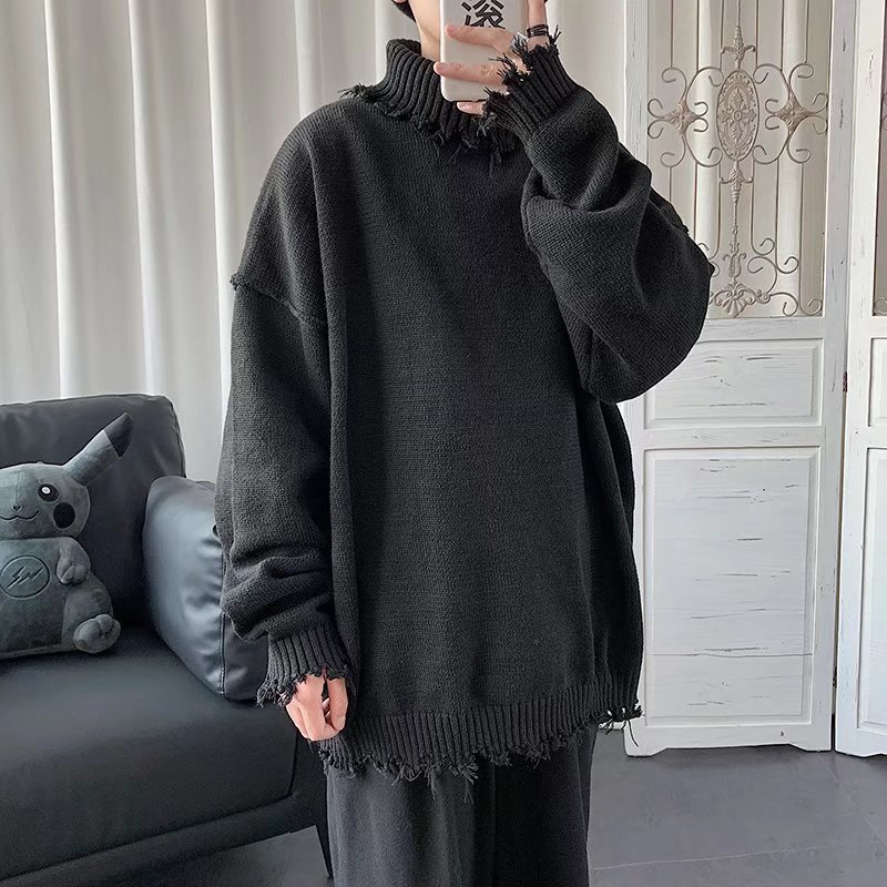 Áo sweater dệt kim cổ tròn phối rách dáng rộng thời trang thu đông dành cho nam