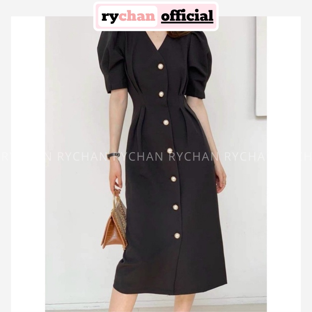 Đầm Váy Nữ Đi Chơi Cổ V Tay Ngắn Phồng Chiết Eo Nút Ngọc Form Dài Thanh Lịch Sang Trọng Màu Đen [ẢNH THẬT CUỐI] - DX9732