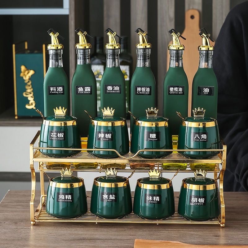 Bộ gia vị sứ xanh viền vàng 11 | 15 chi tiết nắp hình vương miệng hoàng gia