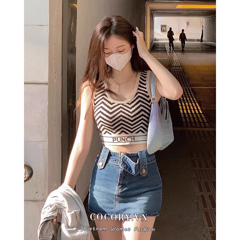 Cocory vn Áo Hai Dây Dệt Kim Cổ Chữ U Kẻ Sọc Quyến Rũ Thời Trang Mùa Hè Cho Nữ