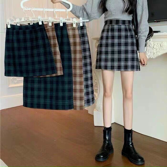 Chân váy dạ kẻ Quảng Châu dáng A hai loại ngắn dài