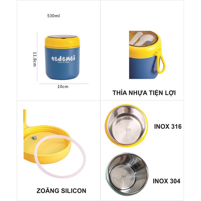 Bình Ủ Cháo, Hộp Ủ Cháo Giữ Nhiệt TEDEMEI Dung tích 530ml, Inox SUS304 loại mới (2021) tặng kèm muỗng nhựa.