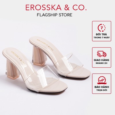Erosska - Dép mule cao gót quai trong mũi vuông gót trong màu nude cao 9cm - EM040