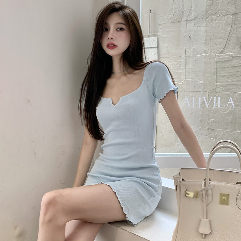 Đầm Cổ Vuông Tay Ngắn Màu Trơn Thời Trang Mùa Hè Cho Nữ