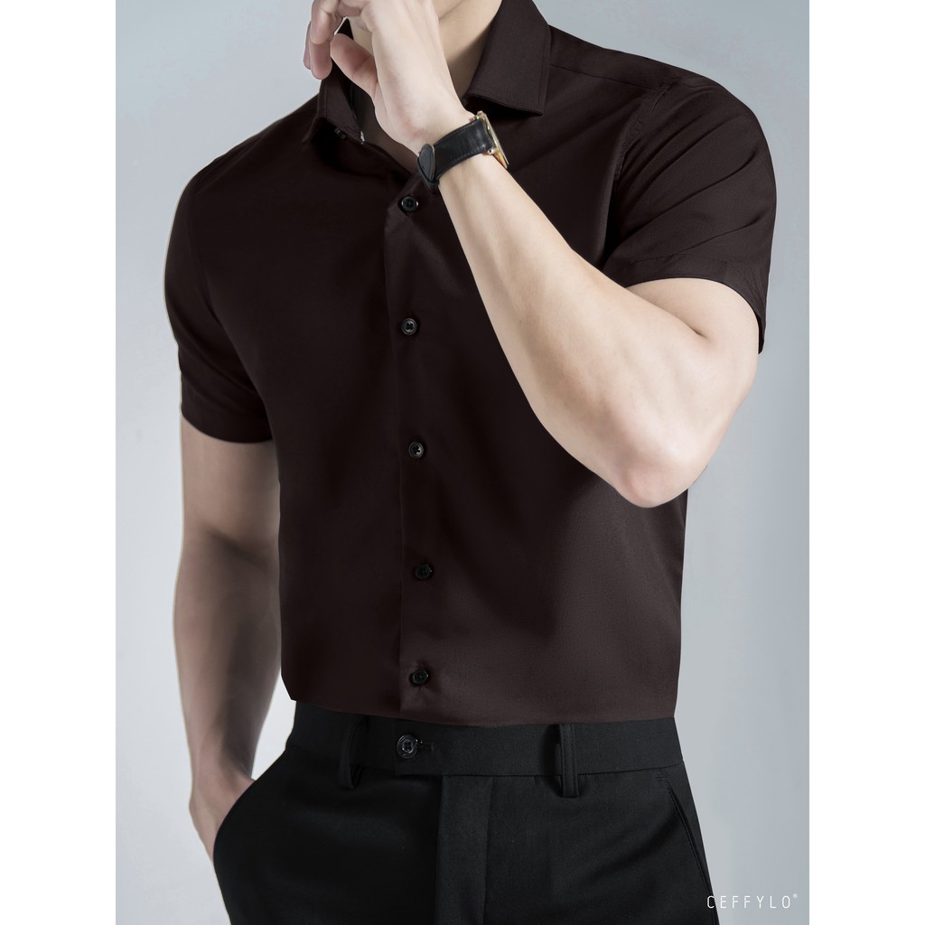 Sơ mi nam cộc tay trơn Chocolate cao cấp CEFFYLO chất Cotton Lụa mềm co giãn nhẹ