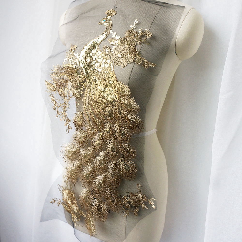 Miếng Vải Ren Thêu Hình Chim Công Đính Kim Sa Màu Vàng Dùng May Váy Cưới diy