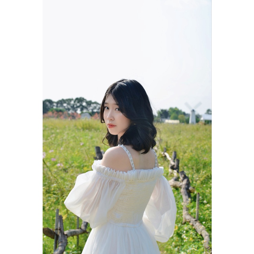 Váy tơ trắng 3 tầng tiểu thư chạy chun có dây trang trí