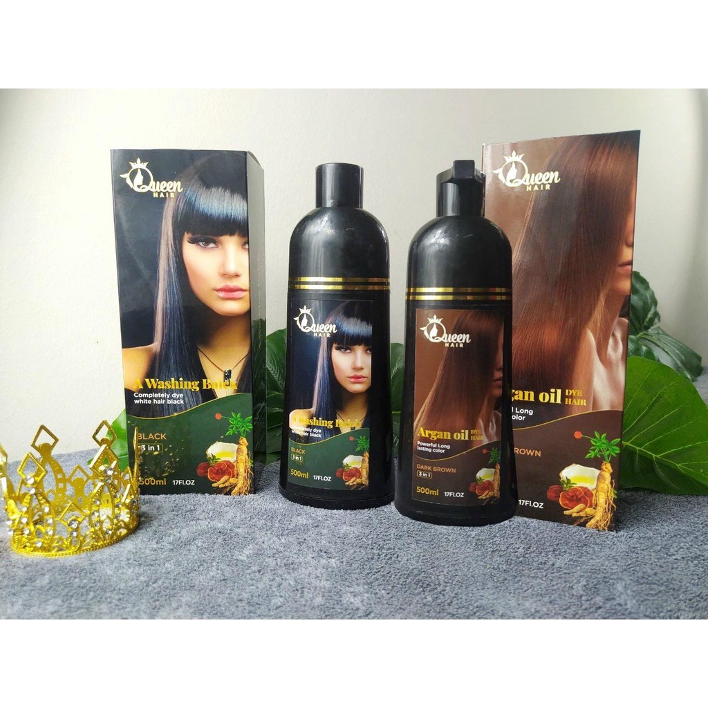 Dầu gội phủ bạc QUEEN HAIR 500ml 3 trong 1 nhuộm tóc đen, tóc nâu từ thảo dược tự nhiên, an toàn cho da đầu