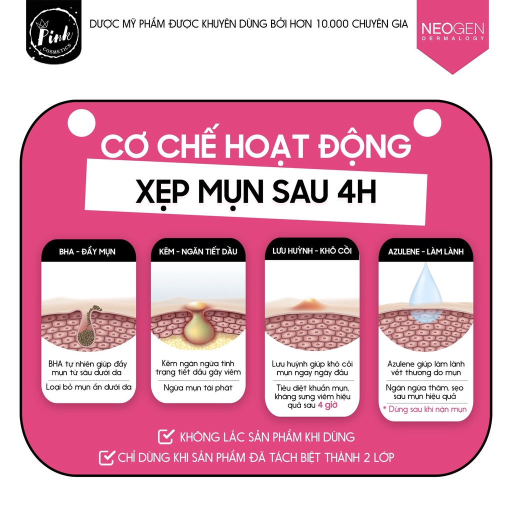 Chấm Mụn Neogen Dermalogy A-Clear Aid Soothing Pink Eraser 15ml, Xẹp Mụn Sau 4H, Chấm Mụn 2 Lớp - PinkCosmetics