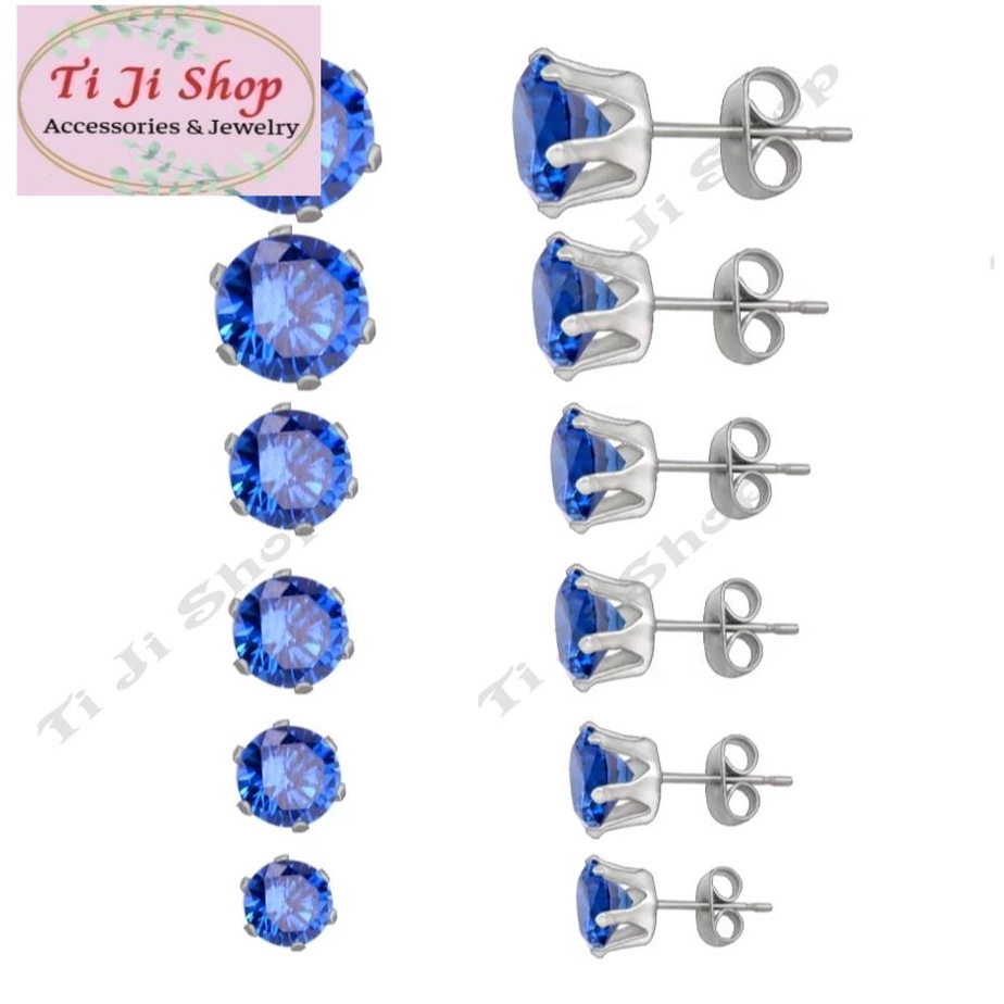 Bông tai inox đá tròn màu xanh coban  cao cấp không đen, không gỉ sét,  không dị ứng