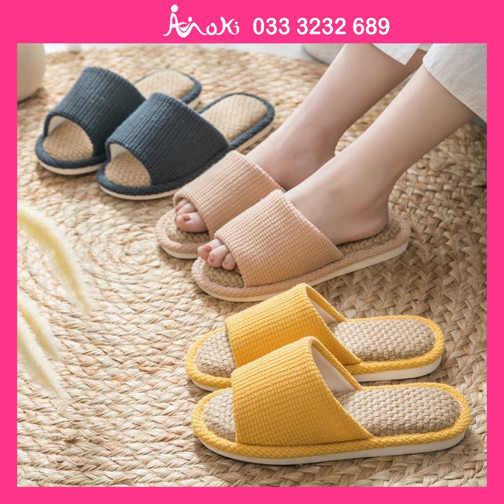 Dép Vải Lanh Nam Nữ Đi Trong Nhà Mokimart, Dép Hở Mũi Unisex Cao Cấp Đi Văn Phòng Size Chuẩn