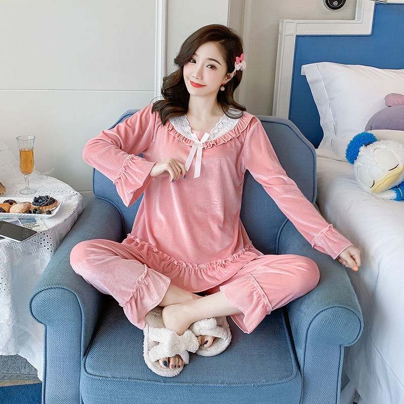 Bộ đồ ngủ vải nhung phối ren phong cách Hàn Quốc sang trọng thời trang xuân thu cho nữ